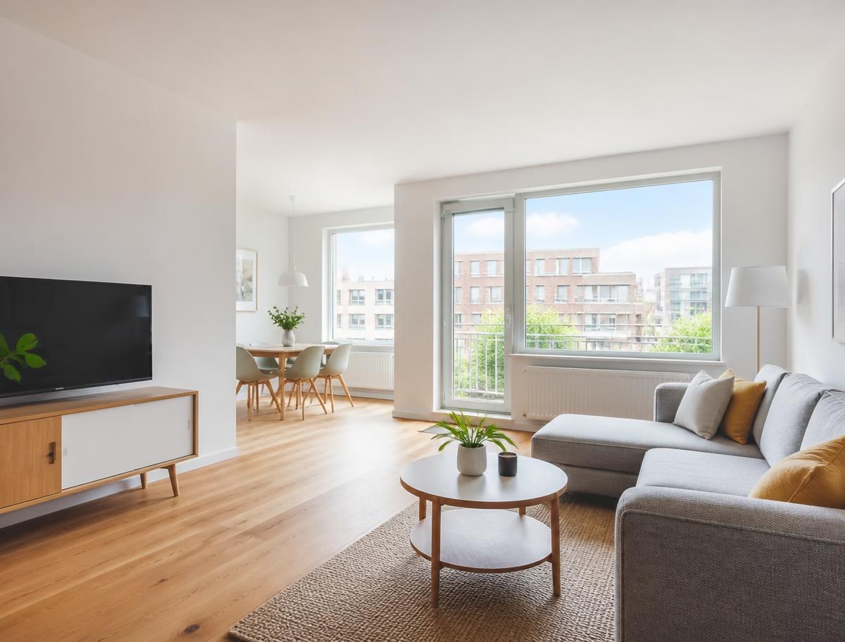 Helles, modern eingerichtetes Wohnzimmer einer Mietwohnung